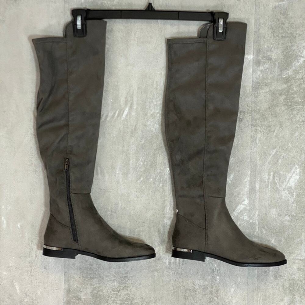 NINE WEST Dark Grey Allair Over The Knee Round-Toe Pull-On Block Heel Boots